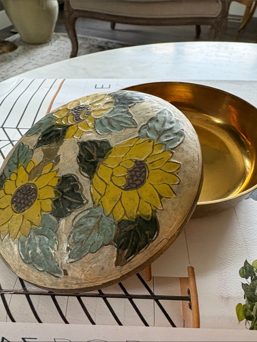 Sunflower vintage brass Decorative Trinket Box - Yellow Floral Art